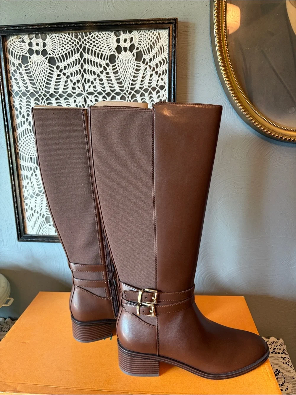 Unisa Brown Knee-High Leather Riding Boots with Buckle Straps